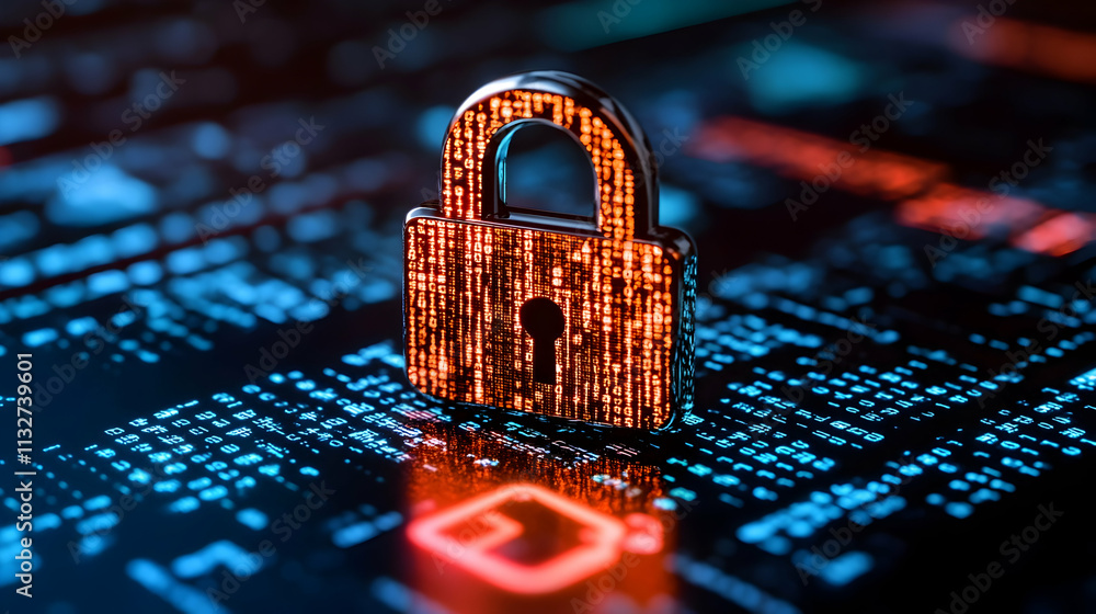 Poster cyber security padlock on digital code.