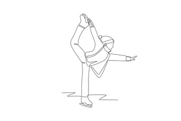 Little girl playing ice skating. Children playing in the snow concept one-line drawing