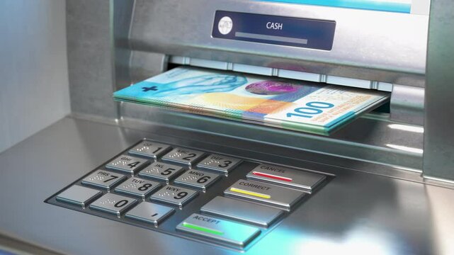 Swiss franc CHF in ATM cash dispenser. Withdrawal, payment transaction of cash from bank terminal.