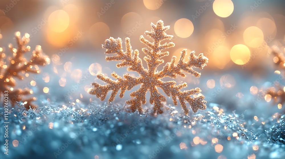 Poster glittering snowflake glimmers on soft blue surface. generative ai.
