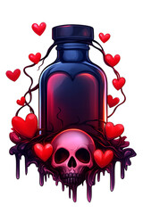 Dark gothic love potion design surrounded by hearts and skull. Valentines day mystical bottle PNG. Fantasy art