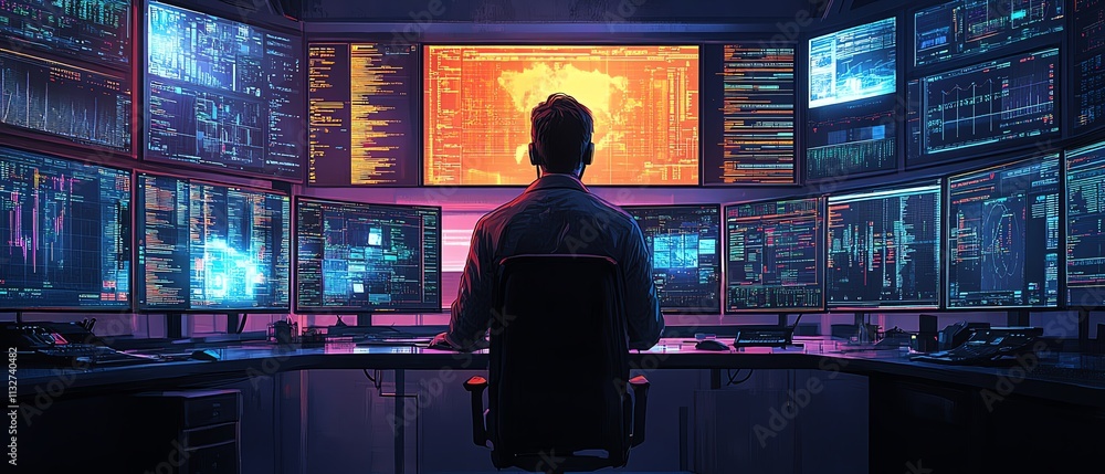 Leinwandbilder focused individual working in a modern control room, analyzing data on multiple screens, emphasizing