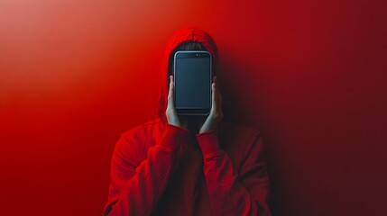 A figure covers their face with a smartphone, surrounded by a striking red background. Generative AI.