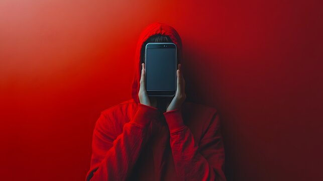 A figure covers their face with a smartphone, surrounded by a striking red background. Generative AI.