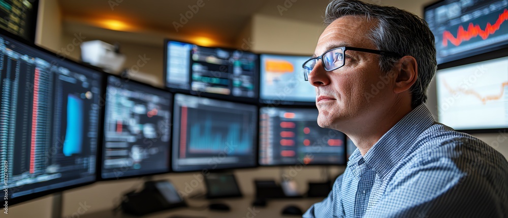 Poster Focused professional studying data across multiple screens in a modern control room, showcasing the intersection of technology, cybersecurity, and data analysis