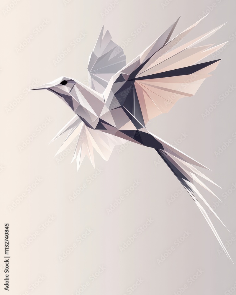 Poster a modern, stylized geometric illustration of a bird in flight, showcasing sharp angles and a soft co