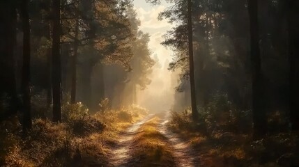 Obraz premium Sunlight piercing through foggy forest path nature scene tranquil environment serene viewpoint peaceful concept