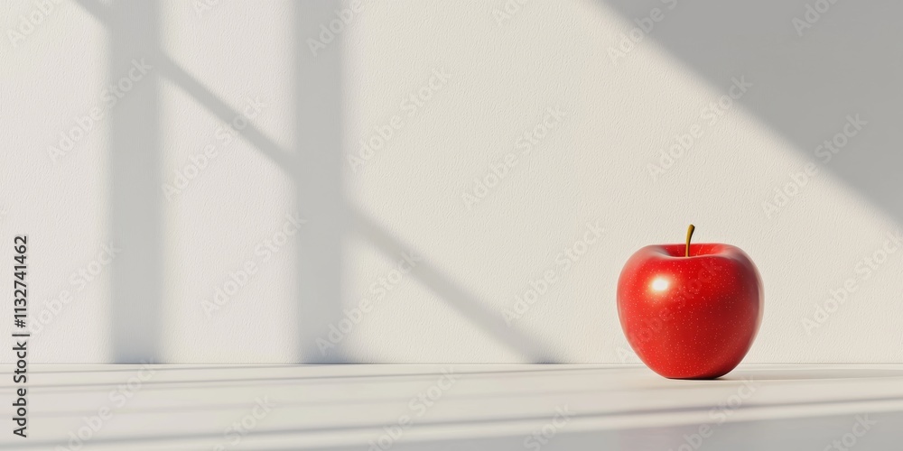 Poster a bright red apple rests on a white surface, illuminated by soft light, with shadows cast in the bac