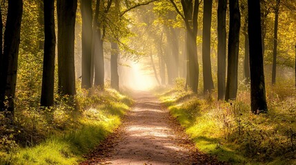 Obraz premium Tranquil autumn nature walk winding path through misty forest and tall trees for relaxation and scenic views