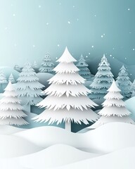 Obraz premium A serene winter landscape featuring white coniferous trees blanketed in snow against a calm blue backdrop.