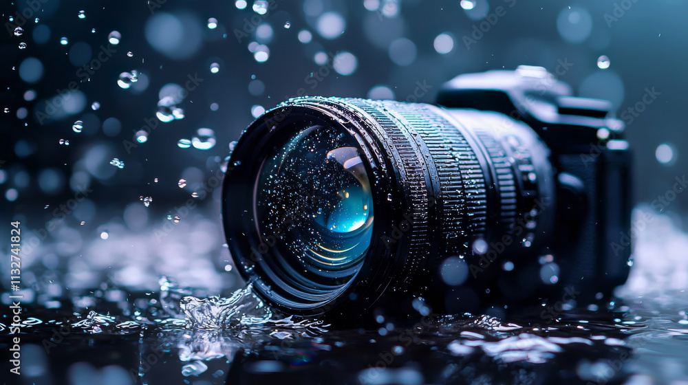 Poster a close-up of a camera lens surrounded by splashing water droplets against a dark background, showca