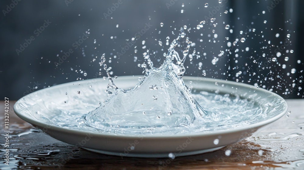 Poster a splash of water erupts from a plate, creating dynamic droplets against a blurred background.
