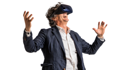 American caucasian middle age businessman watching vr glasses laughing and gesturing with hand on white background
