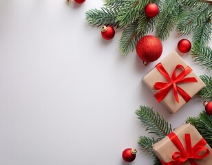 Banner, greeting card, backdrop for Merry Christmas with blank space for text, white background, gift boxes, fir tree branches and red ornaments. Winter holidays.