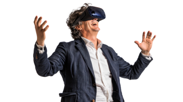 American caucasian middle age businessman watching vr glasses laughing and gesturing with hand on white background
