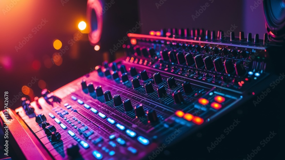 Poster mixing magic sound mixer console at night event studio environment close-up view music production co