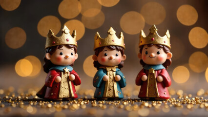 Fototapeta premium Three cute figurines of the Three Wise Men, each wearing a golden crown and festive robes, sit on a bed of golden glitter against a warm bokeh background. Concept of Three Kings Day and Epiphany
