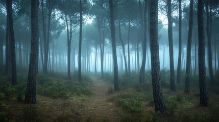 Fototapeta premium Misty Forest Path Among Tall Pine Trees