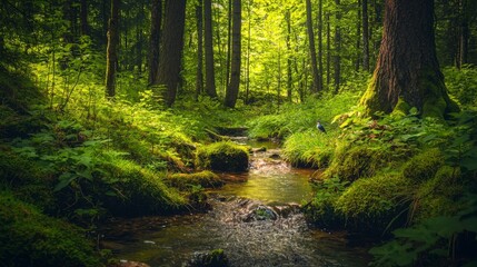 Obraz premium Serene forest stream lush greenery nature photography peaceful environment close-up view tranquility concept