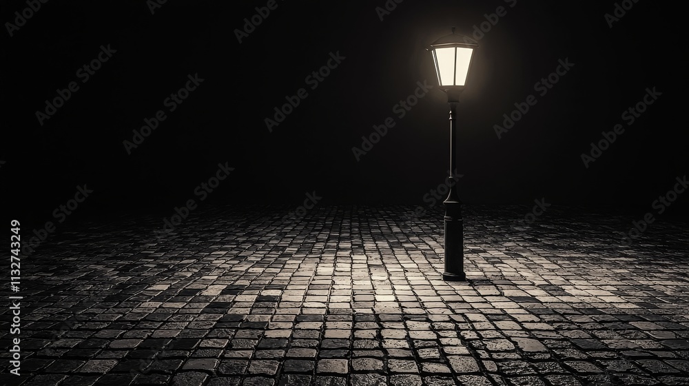 Poster a solitary streetlamp illuminates a cobblestone path in a dark, moody environment, creating a serene