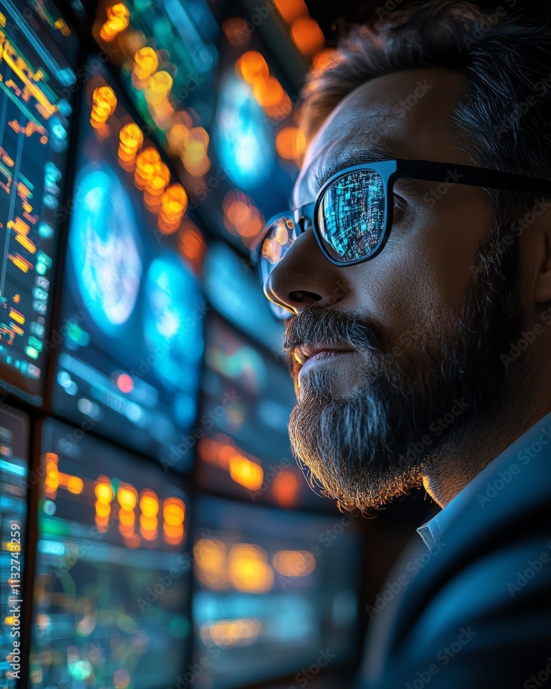 Aufkleber Individual analyzing intricate data on multiple screens in a modern control room, emphasizing the role of technology, cybersecurity, and digital defense