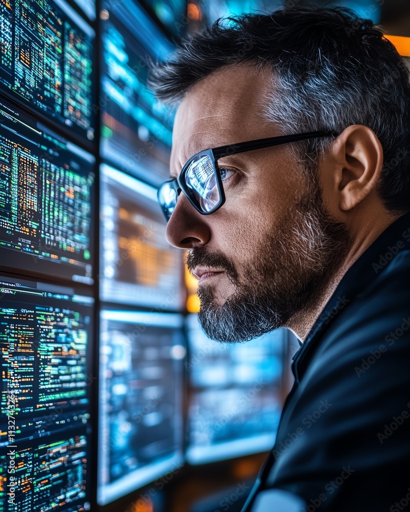 Poster Individual analyzing intricate data on multiple screens in a modern control room, emphasizing the role of technology, cybersecurity, and digital defense