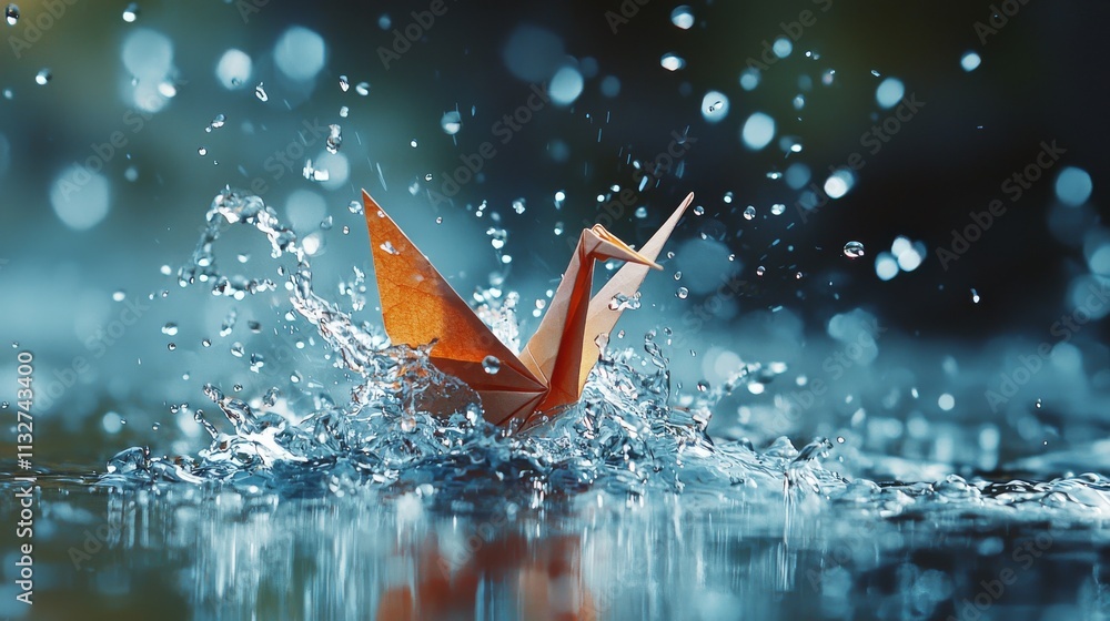 Poster a vibrant origami crane splashes through water droplets, creating a dynamic scene that captures the 
