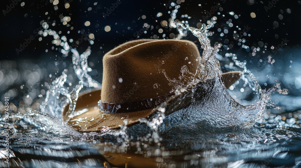 Poster a brown hat splashes into water, creating dynamic droplets against a dark backdrop, capturing a mome
