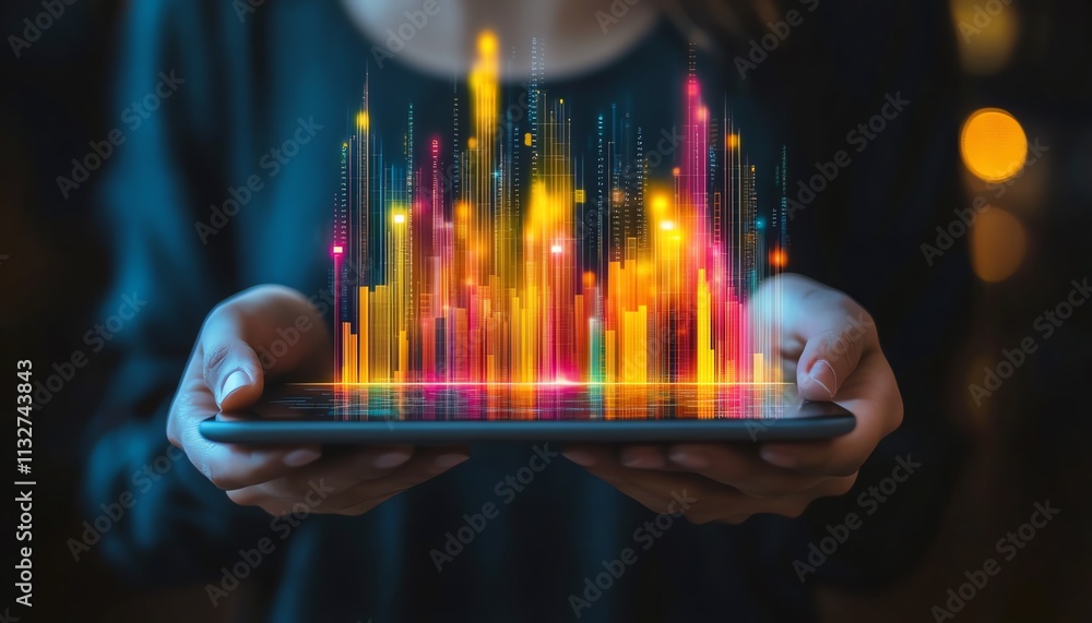 Aufkleber individual holding a tablet with colorful data visualizations, symbolizing modern technology, digita
