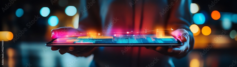Poster individual holding a tablet with dynamic data visualization, symbolizing modern technology, digital 