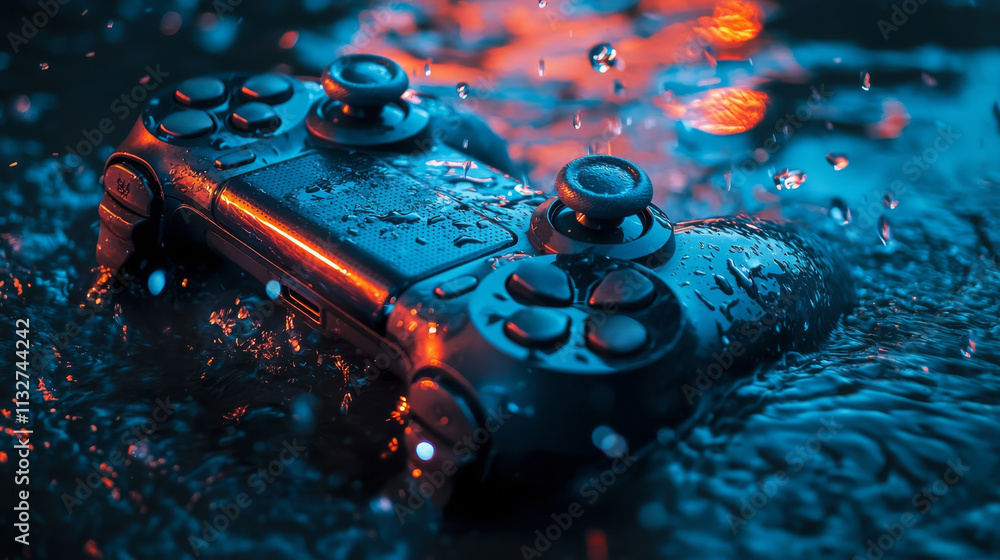 Poster a gaming controller submerged in water, illuminated by vibrant colors, creating a visually striking 