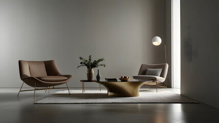 Modern Furniture design, sleek curves and polished metallic finishes, dramatic spotlight creating reflections