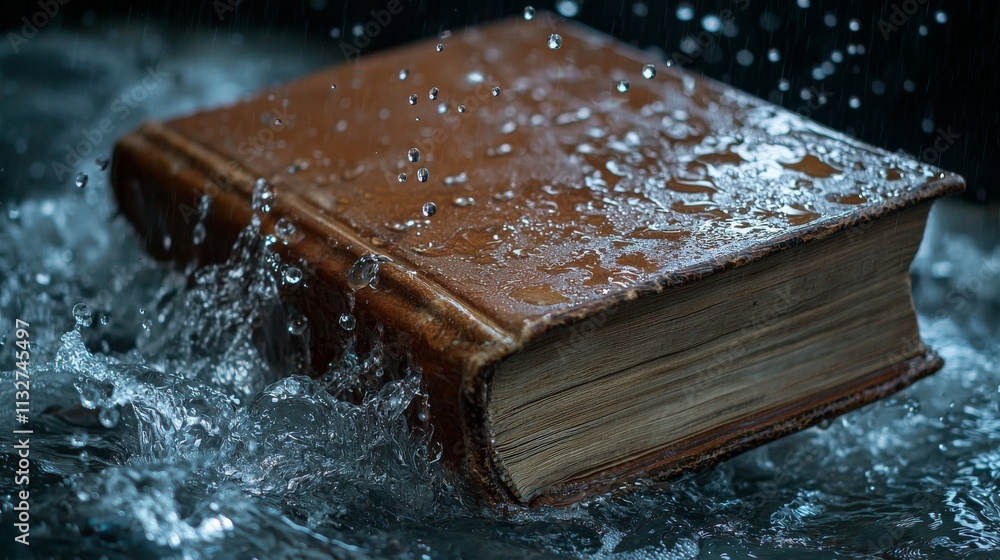Aufkleber a vintage book partially submerged in water, with droplets splashing around it, creating a dramatic 