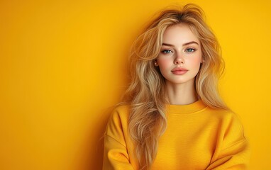 Naklejka premium smiling beauty woman with casual sweatshirt in color background