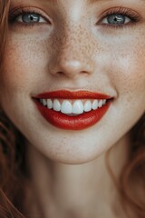 Close-up of a woman's shiny red lips and bright white teeth