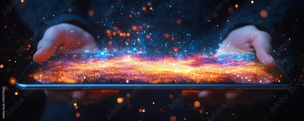 Poster person holding a tablet with vibrant, interactive data visualization, symbolizing the future of digi