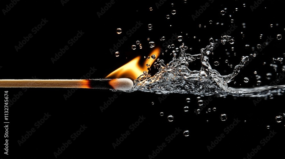 Poster a striking image of a match igniting while partially submerged in water, creating a dramatic contras