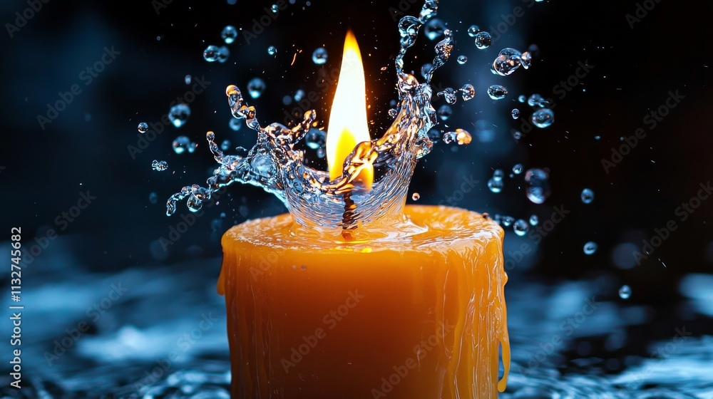 Poster a candle burns brightly while water splashes around it, creating a dynamic contrast of fire and liqu