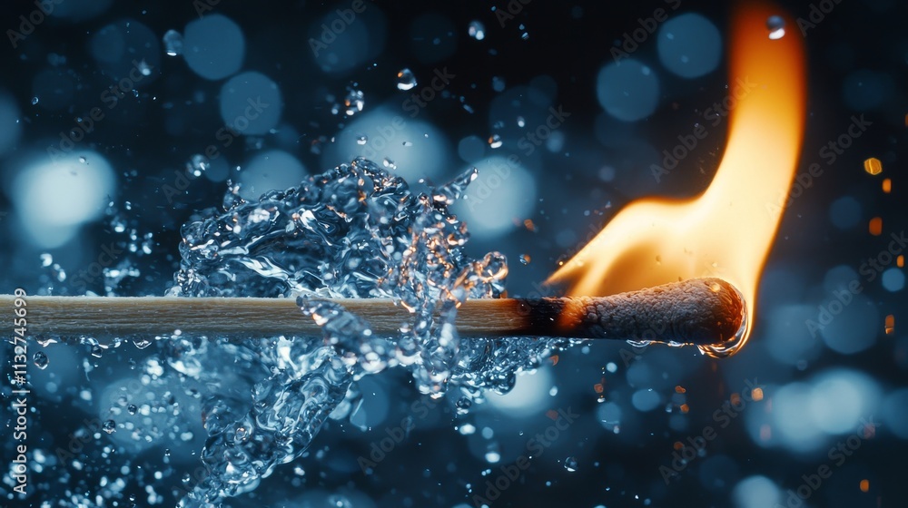Poster a striking image of a match igniting in a splash of water, showcasing the contrast between fire and 