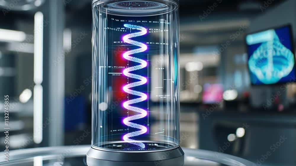 Poster innovative biocomputer technology with scientific data displayed in a modern laboratory setting