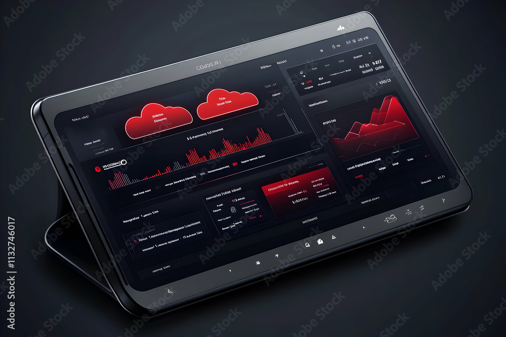 Poster dark tablet displaying data analytics dashboard with charts and graphs.