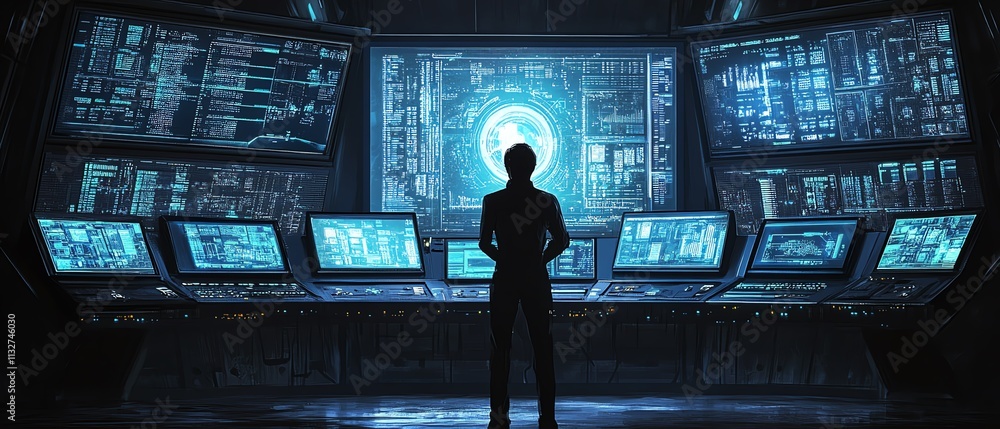 Fototapete person in a futuristic control room studying multiple screens with complex data, symbolizing technol