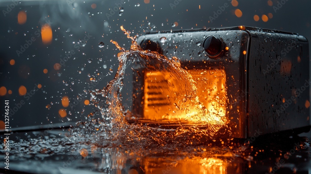 Aufkleber a toaster in action, with water splashing out and glowing orange heat visible inside, creating a dra