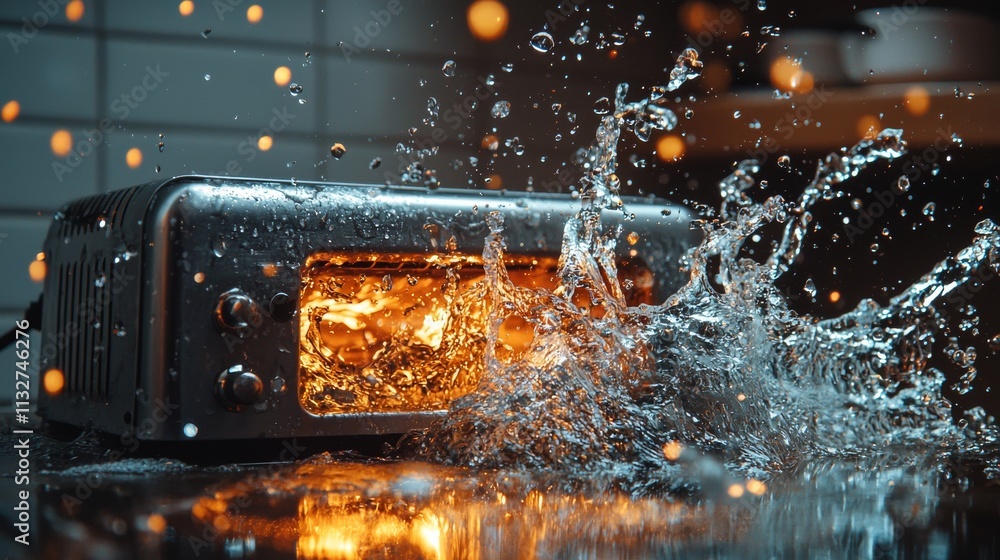 Aufkleber a dynamic image of a toaster with flames and water splashing, capturing a moment of chaos in a kitch
