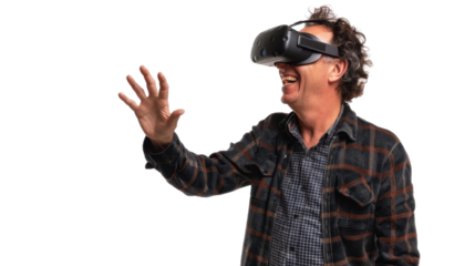 American caucasian middle age businessman watching vr glasses laughing and gesturing with hand on white background