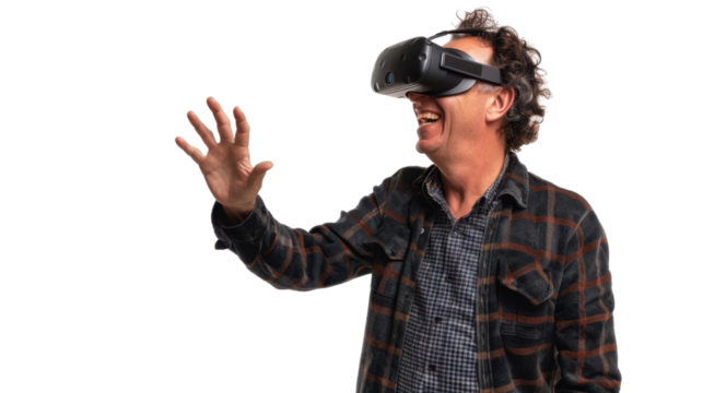 American caucasian middle age businessman watching vr glasses laughing and gesturing with hand on white background
