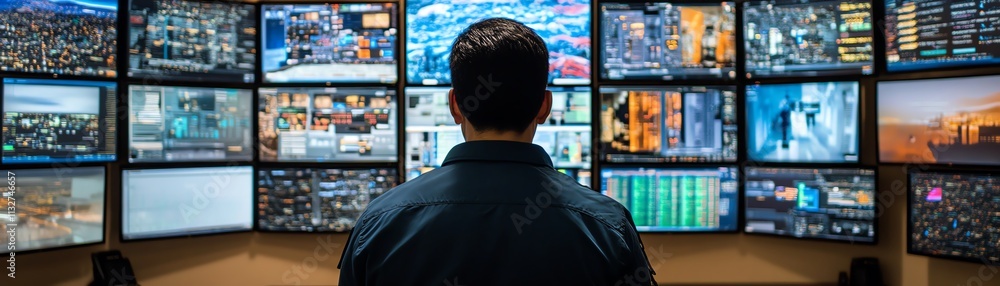 Leinwandbilder person intently reviewing complex data on multiple screens in a hightech control room, highlighting 