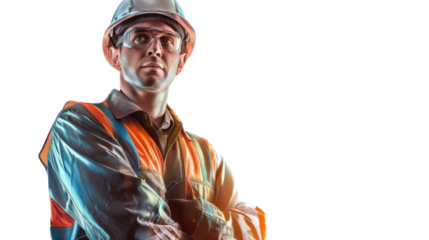 American caucasian middle age male engineer with safety helmet on white background
