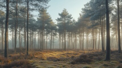 Obraz premium Sunlit Pines in a Misty Winter Forest