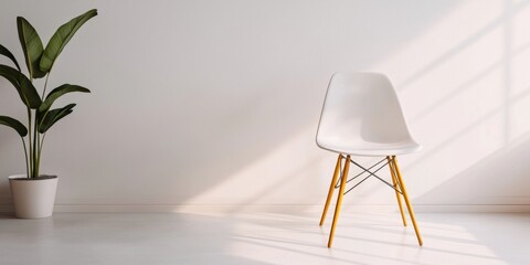 A minimalist interior featuring a sleek white chair and a potted plant, illuminated by soft sunlight streaming through a window.